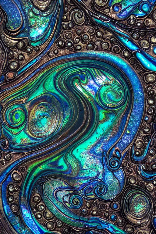 Image similar to Art Nouveau cresting oil slick waves, hyperdetailed bubbles in a shiny iridescent oil slick wave, black opal, abalone, paua shell, ornate copper patina medieval ornament, rococo, oganic rippling spirals, octane render, 8k 3D