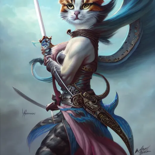 Image similar to anthropomorphic calico cat warrior wielding a sword, highly detailed matte fantasy painting, stormy lighting, by ross tran, by artgerm, by lisa frank, by brom, by peter mohrbacher