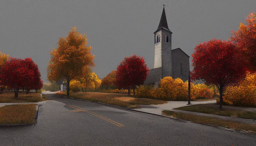 Prompt: small midwest town in autumn, church, leafs, grey sky, square, trees, hyperdetailed, artstation, cgsociety, 8 k