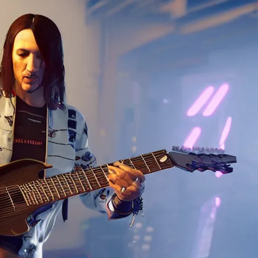 Image similar to John frusciante playing his guitar hyperdetailed photorealism Cyberpunk 2077 unreal engine 5 4k very high quality surrealism