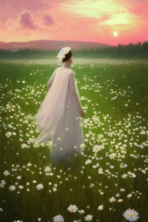 Prompt: giant white daisy flowers over face veil, girl walking in a flower field, surreal photography, sunrise, dramatic light, impressionist painting, colorful clouds, digital painting, artstation, simon stalenhag