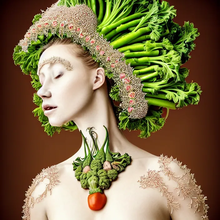 Image similar to Portrait of a beautiful woman like a queen-vegetables-angel, dressed in long elegant intricate ornamental vegetables white dress, natural skin tone, intricate fractal highly detailed vegetables ornament in the upper side of breast, bust with a very long neck , elegant, highly detailed intricate vegetables ornament in her long hair, Realistic, Refined, Highly Detailed, Cinematic pastel Lighting, fine art photography by Flora Borsi, volumetric lighting, hyper realistic photography, 8k
