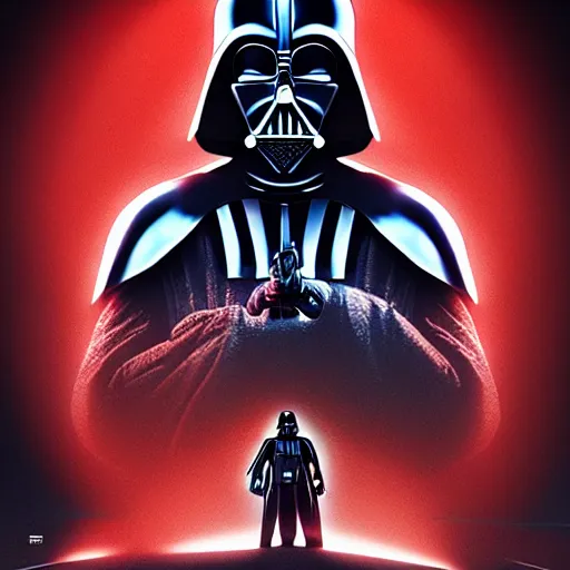 Image similar to a movie poster featuring darth vader, hyper detailed, digital art, trending in artstation, cinematic lighting, studio quality, smooth render, unreal engine 5 rendered, octane rendered, red color