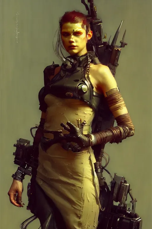 Image similar to full character portrait max mad cyberpunk, a future solider girl character design, final fantasy face, painting by gaston bussiere, katsuya terada, nc wyeth, greg rutkowski, craig mullins, vermeer, trending on artstation, jeffery catherine jones