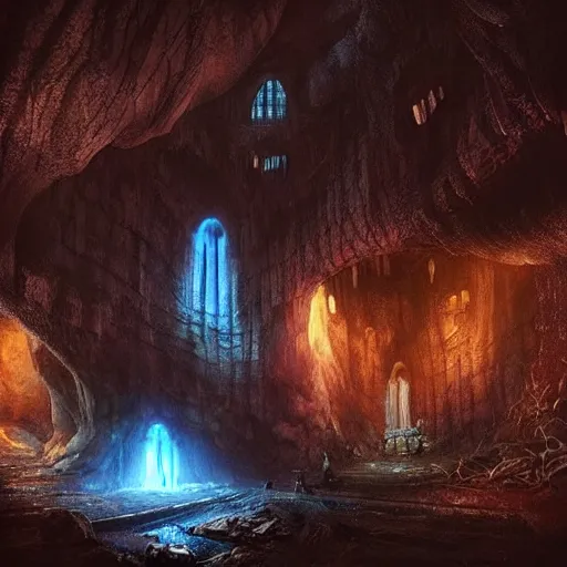 Image similar to “underground fantasy medieval of city in a giant cave, bioluminescence, mushrooms, crystals, roots, Artstation HQ, photorealistic, hiperrealistic, 4k UHD, Unreal Engine 5, cinematic shot, cinematic lightning, dark tones, high contrast, masterpiece”