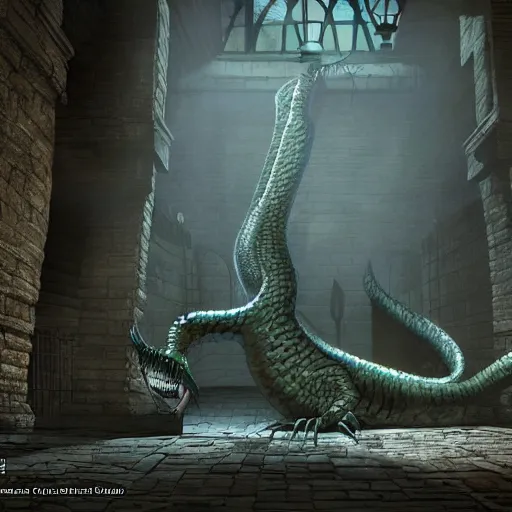 Image similar to basilisk in a dungeon, highly detailed, digital art, unreal engine