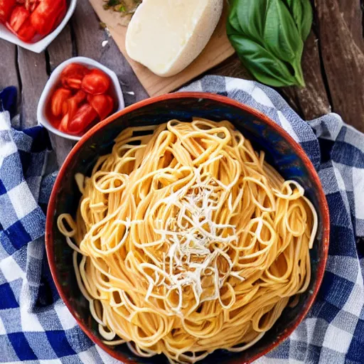 Prompt: a bowl of pasta on a picnic table