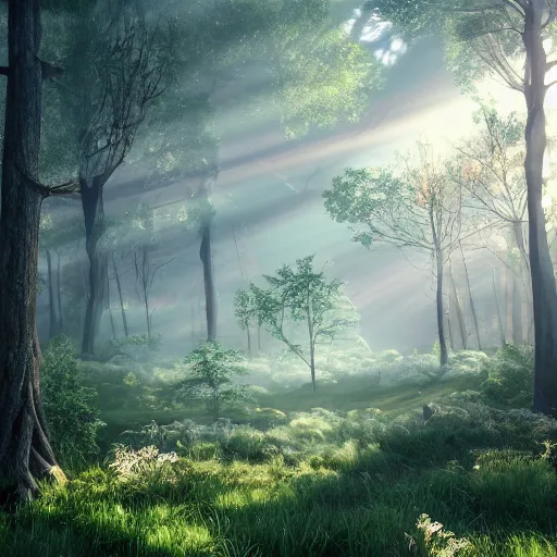 Prompt: beautiful view of a mystical forest landscape, symmetrical, unreal engine, cinematic lighting, ultra detailed, ambient occlusion, slight bloom, illumination, soft lighting, crepuscular rays, vibrant, beautiful, by oliver ryan