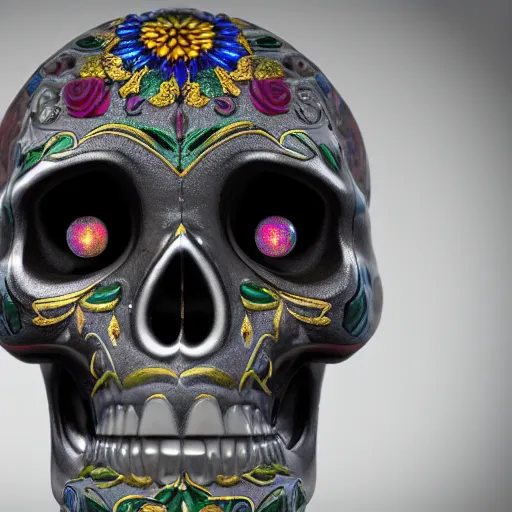 Image similar to spotlight studio photo of a sugar skull made of mercury, 8 k hd, 3 d