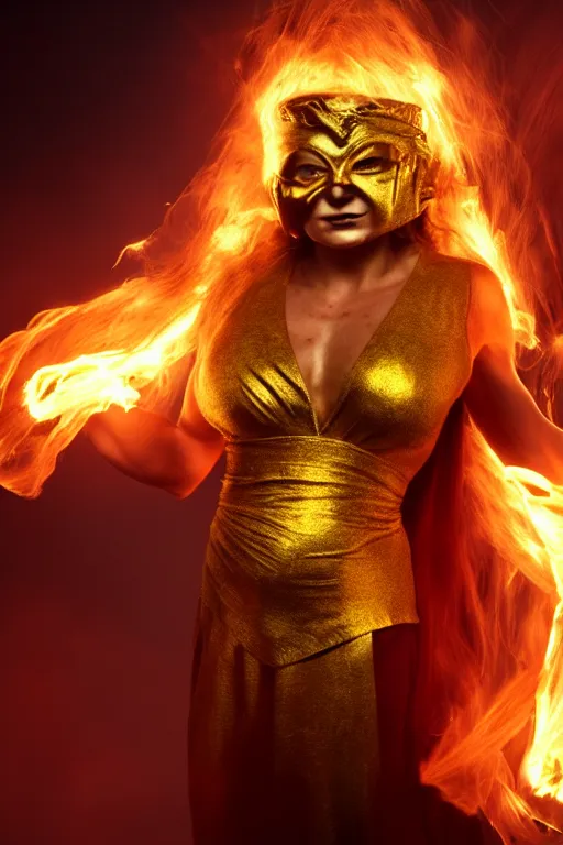 Prompt: a woman wearing golden mask, hair like fire, muscular, in dark soul