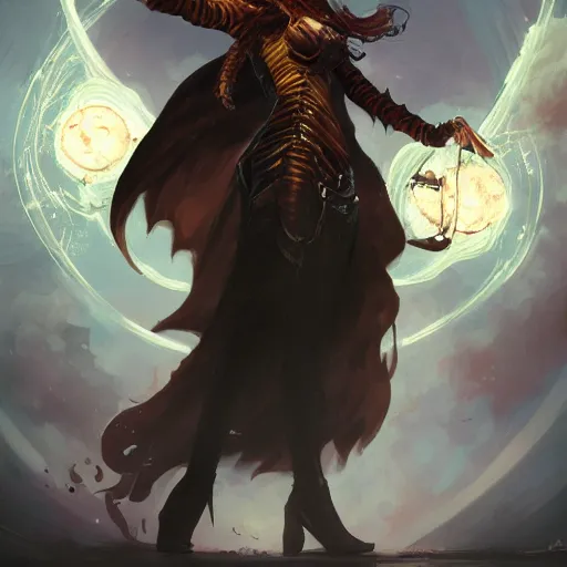 Image similar to Cat Witch, Anthropomorphized, casting evil spell, magic the gathering artwork, D&D, fantasy, centered, symmetrical, highly detailed, artstation, concept art, sharp focus, 8k, art by Akihiko Yoshida and Greg Rutkowski and Craig Mullins, oil painting