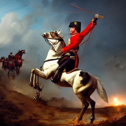 Image similar to gopro footage of napoleon on his horse fighting in waterloo, trending artstation, hyper realistic, very detailed, dramatic scene, realistic lighting, anime, 4 k