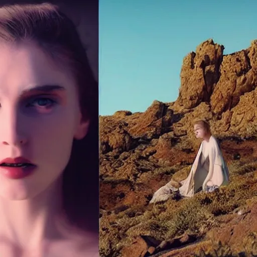 Image similar to The full body shot of beautiful pale woman with white flowers and full-face golden mask in a rocky desert landscape, smoke around her, volumetric lighting, multiple eyes and dry earth by Denis Villeneuve, Lubezki, Gaspar Noe and Christopher Doyle, anamorphic lens, anamorphic lens flares, kodakchrome, cinematic composition, practical effects, award winning photo, 8k