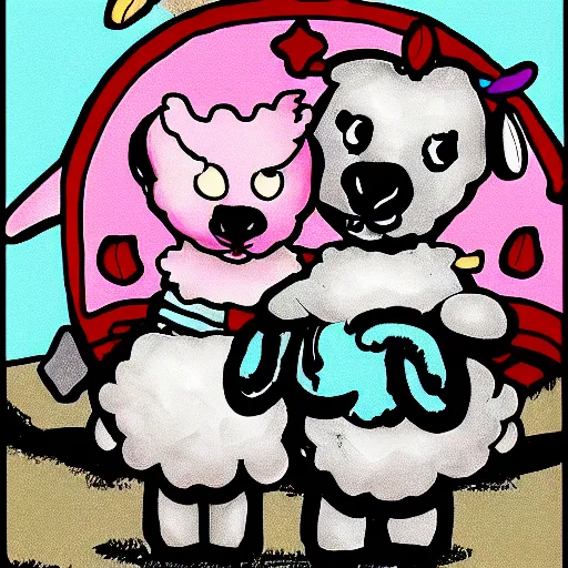 Prompt: the cult of lamb, colorful, cartoon, dark, cute