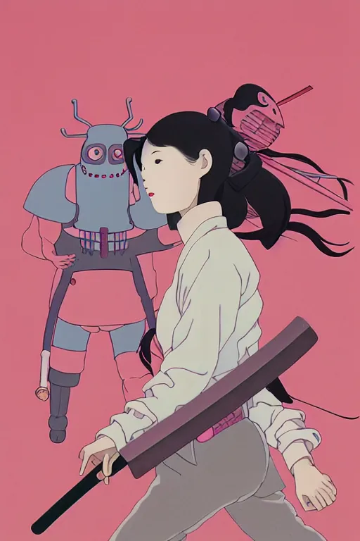 Image similar to Artwork by James Jean, Phil noto and studio ghibli ; (1) a young Japanese future samurai police lady named Yoshimi battles an (1) enormous evil natured carnivorous pink robot on the streets of Tokyo; Japanese shops and neon signage; crowds of people running; Art work by Phil noto and James Jean