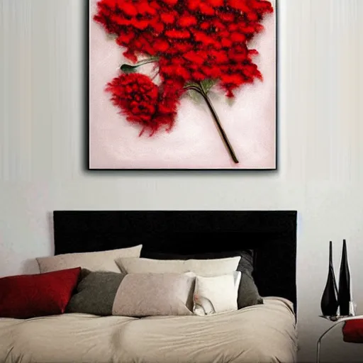 Image similar to oil painting of many various red flowers painted on a black background, the flowers are floating, dark atmosphere, realistic flowers oil painting