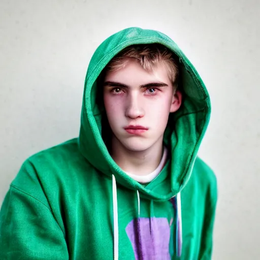 Image similar to close up of face of a 1 8 year old man, with white hair, green eyes, wearing a purple hoodie, lazy, 8 5 mm f / 1. 4