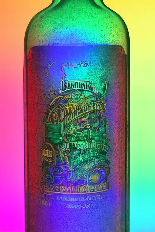 Prompt: photo of a rainbow colored filigran steampunk bottle, band merchandise, bandname is tripmachine, realistic digital art, label on the bottle is printed with a 3 d render of a huge futuristic steampunk generator, 8 k, fluorescent colors, halluzinogenic, multicolored, exaggerated detailed, unreal engine