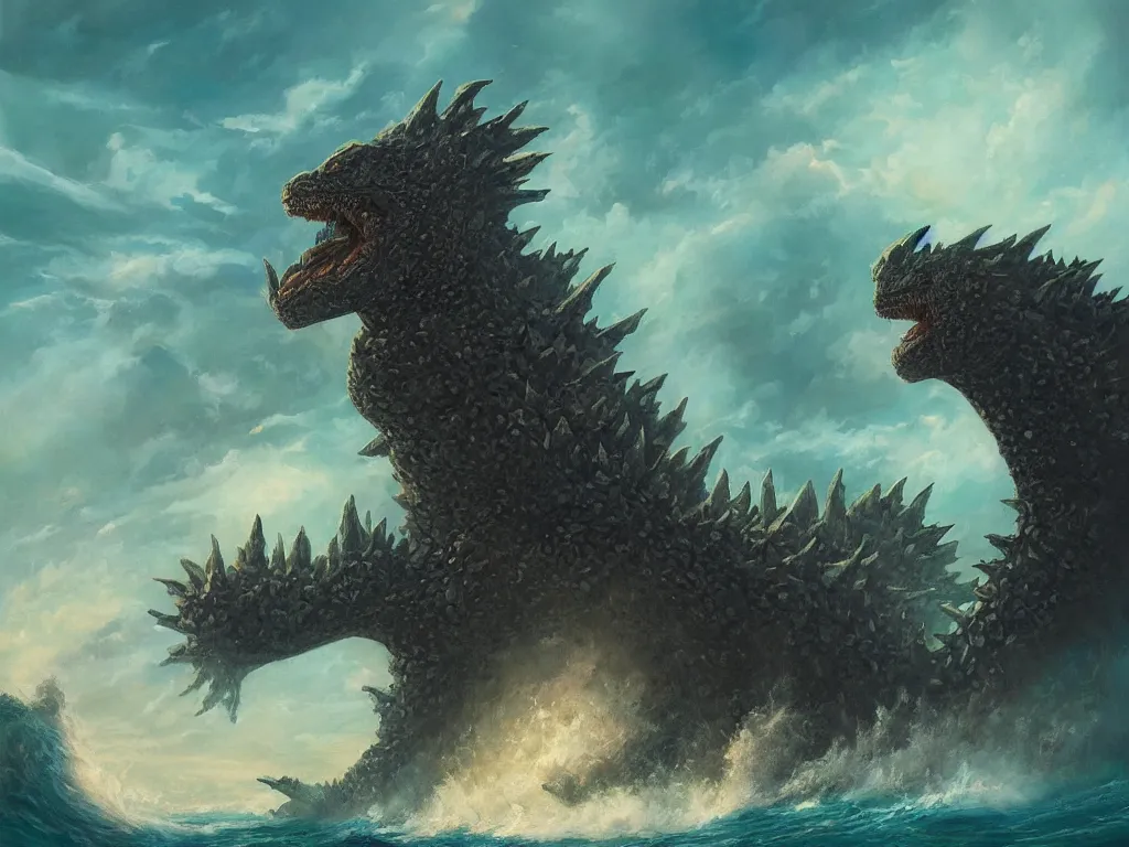 Image similar to oil painting of Godzilla rising from the ocean, epic scene, gigantic monster, peter mohrbacher