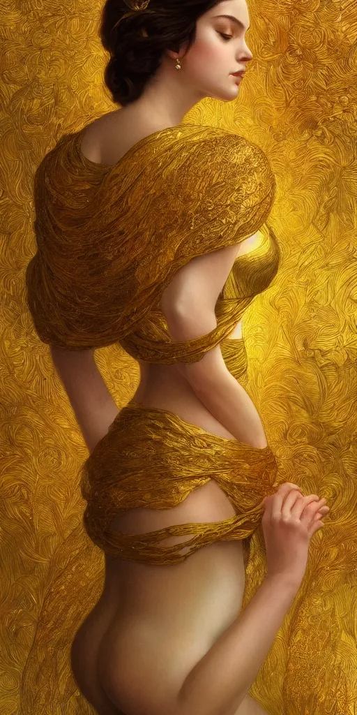 Image similar to ultra realistic illustration studio of a beautiful elegant girl in an artistic pose covered in golden silk cloths, intricate, elegant, highly detailed, digital painting, artstation, concept art, smooth, sharp focus, illustration, art by artgerm and greg rutkowski and alphonse mucha by klimt