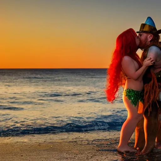 Prompt: a leprechaun wearing overauls kissing the mermaid ariel on the beach. the sun is setting in the background, bathing the scene in beautiful golden light.