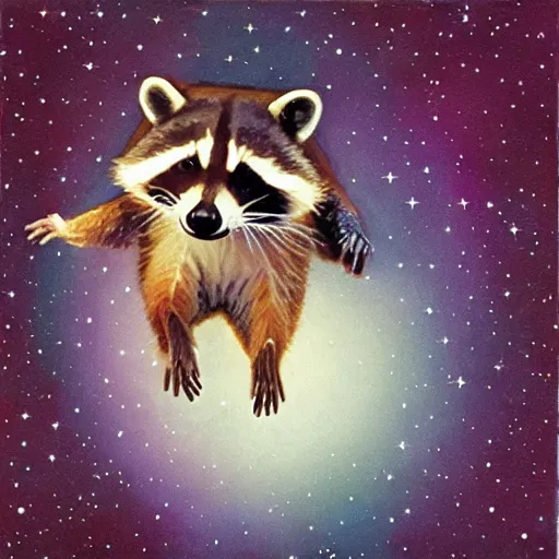 Prompt: raccoon flying through the cosmos