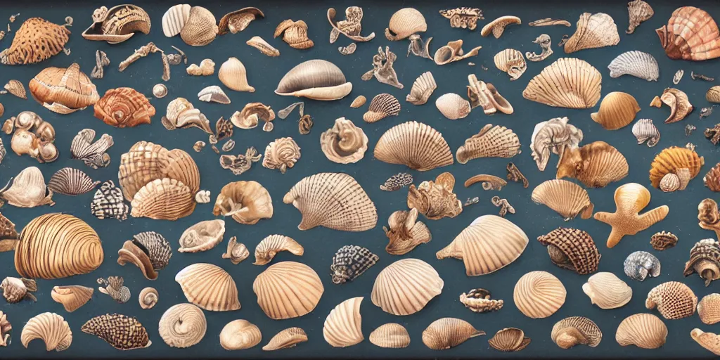 Image similar to full color page scan of various vintage sea shells illustrations on black background, in matte painting, 2 d, kitbash, 4 k