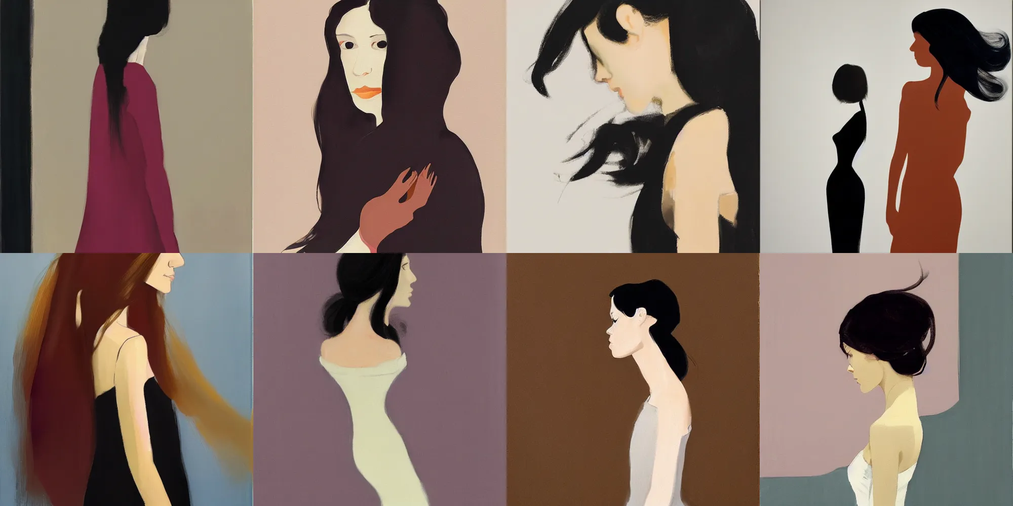 Prompt: girl with long hair, profile, silk dress, by michael carson, izumi kogahara