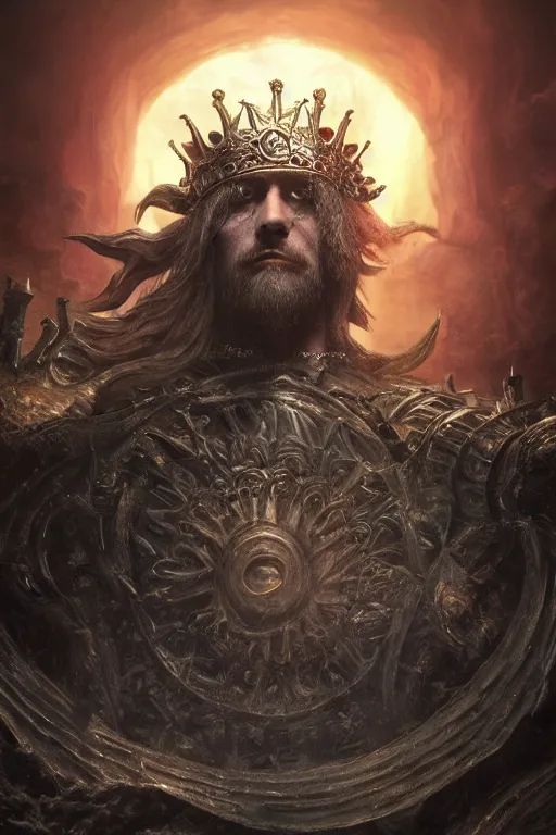 Image similar to an ultra detailed 3 d render of king richard the lionhearted as an elden ring boss, epic anime fantasy, 8 k, in the style of a fantasy metal album cover and magic the gathering, volumetric lighting, smooth, highly detailed, digital illustration, octane render, art by albert bierstadt and greg rutkowsi, artstation