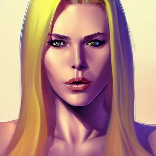 Image similar to a stunning upper body portrait of a beautiful woman with bleach blonde fiery hair by marvel comics, digital art, trending on artstation