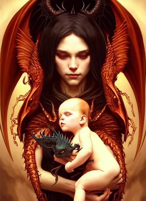 Image similar to a beautiful satanic sorcerer holding a baby dragon, intricate, sharp focus, illustration, highly detailed, digital painting, concept art, matte, art by wlop and artgerm and greg rutkowski and alphonse mucha, masterpiece