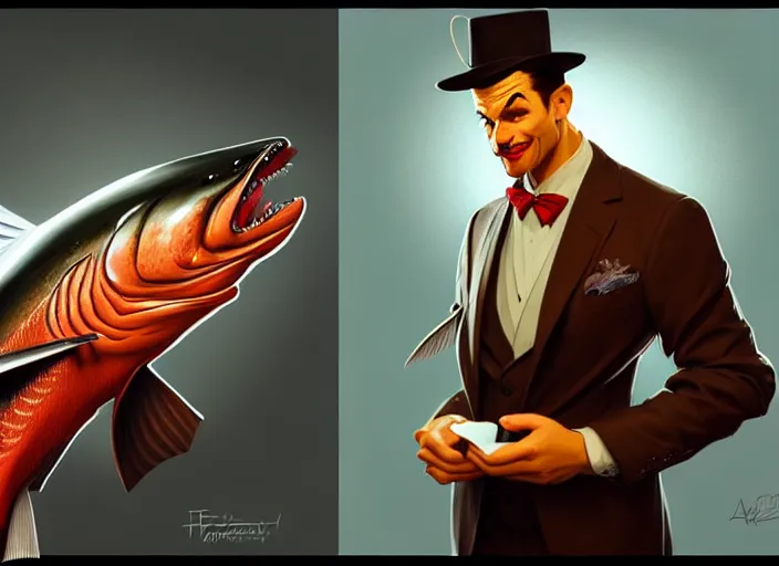 Image similar to a anthropomorphic salmon wearing a detective outfit, diffuse lighting, fantasy, film noir vibes, intricate, elegant, highly detailed, lifelike, photorealistic, digital painting, artstation, illustration, concept art, smooth, sharp focus, art by frank frazetta and marco bucci and loish and rossdraws and artgerm and alphonse mucha