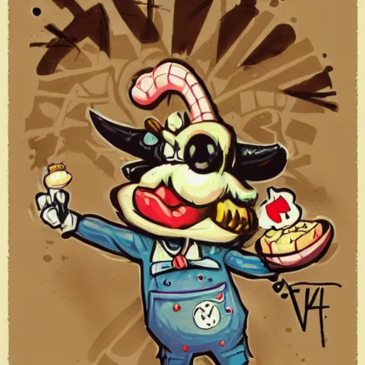 Prompt: evil anthropomorphic cookie cooking a bunch of cookies, in the kitchen, cuphead, painterly, logo, graffiti, elegant, highly detailed, digital art, art by jc leyendecker and sachin teng