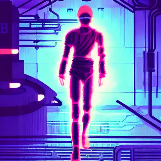 Image similar to “ a highly detailed full body portrait of a cyborg ninja by ilya kuvshinov in synthwave style with a cyberpunk colorful background with brokeh effect ”