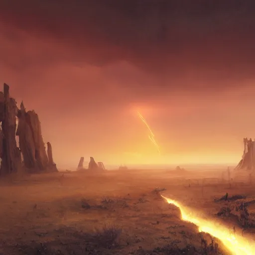 Prompt: gate to hell in the plains with red sky and meteors, volumetric lighting, 8 k octane beautifully detailed render, post - processing, extremely hyper - detailed, intricate, epic composition, cinematic lighting, masterpiece, trending on artstation, detailed detailed detailed, masterpiece, stunning art by anders zorn, wonderful masterpiece by greg rutkowski, beautiful cinematic light,