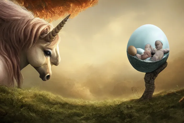 Image similar to a baby unicorn emerging out of an egg, matte painting, concept art, digital art, trending on artstation, 4 k, extremely detailed, realistic, fantasy art,