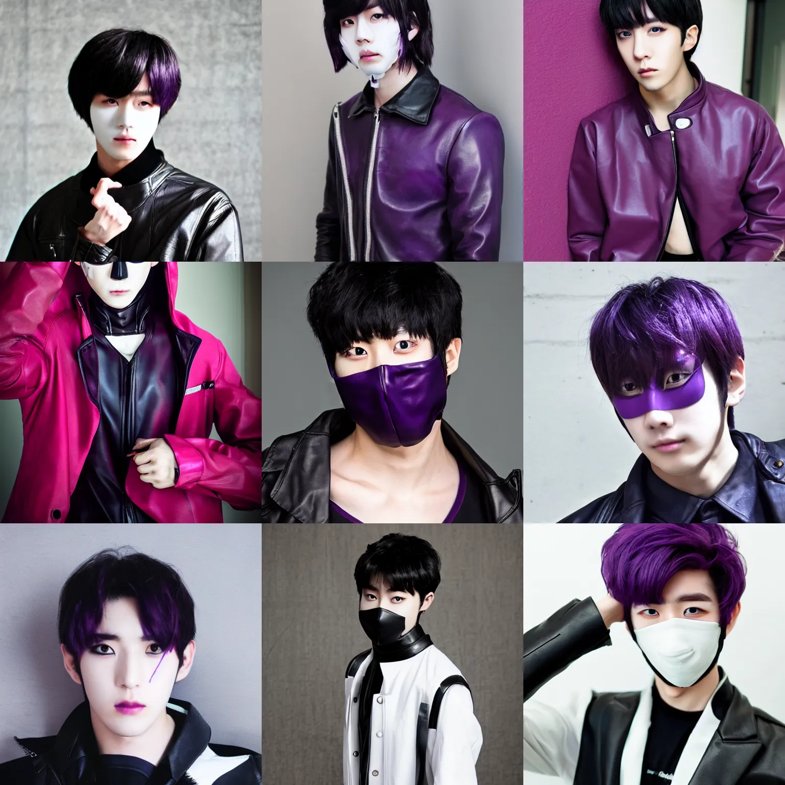 Prompt: male ulzzang with purple porcelain mask, black leather garment, medium shot