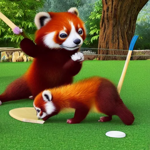 Prompt: very cute friendly happy high energy red pandas at a garden party playing croquet, artwork by Don Bluth, 3D render, UE5, 8K, 4K