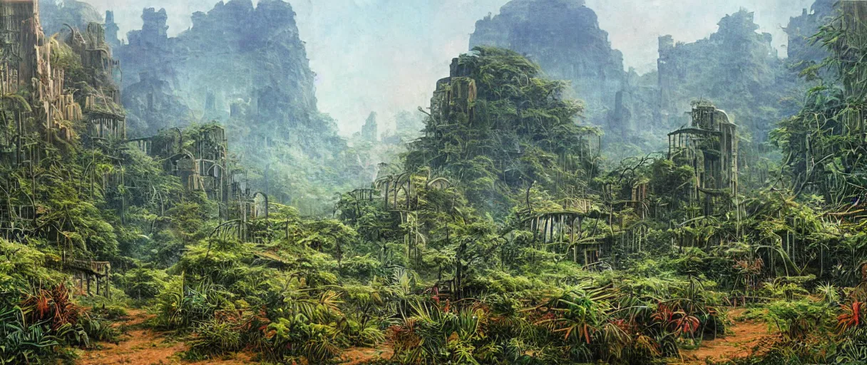 Image similar to matte painting of lost city overgrown with plants, vincent di fate, masterpiece,
