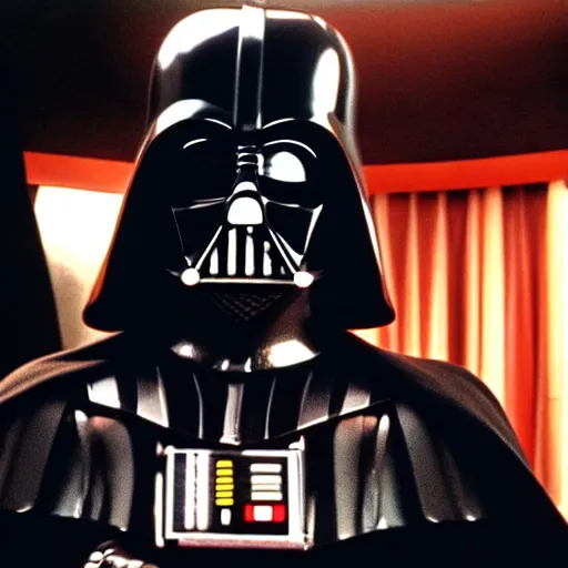 Prompt: film still of darth vader in pulp fiction.