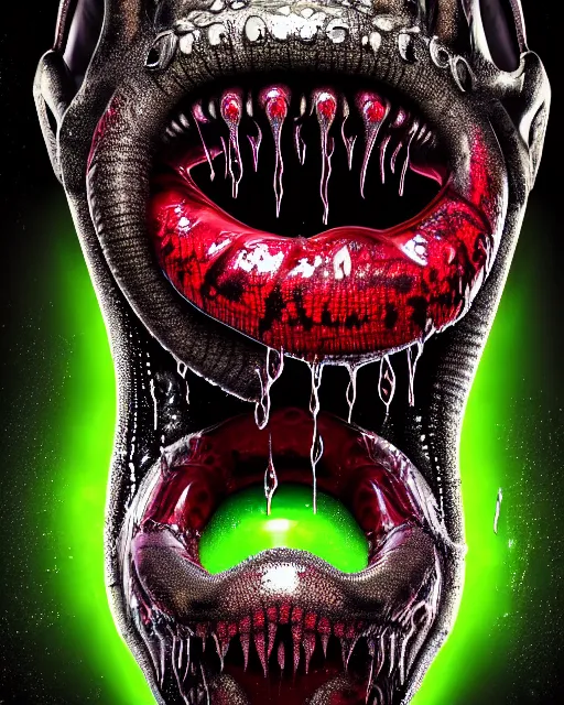 Image similar to realistic long textured tongue, demon wet humanoid alien, dripping green acid saliva, smoke, mouth in mouth in mouth, 4 large alien eyes, metallic reflective fangs, thin red veins, intricate grey snake scales ornate skin, cinematic light shadows, slimy reflections, crawling in a wet sewer pipe, flashlight lighting, insanely detailed