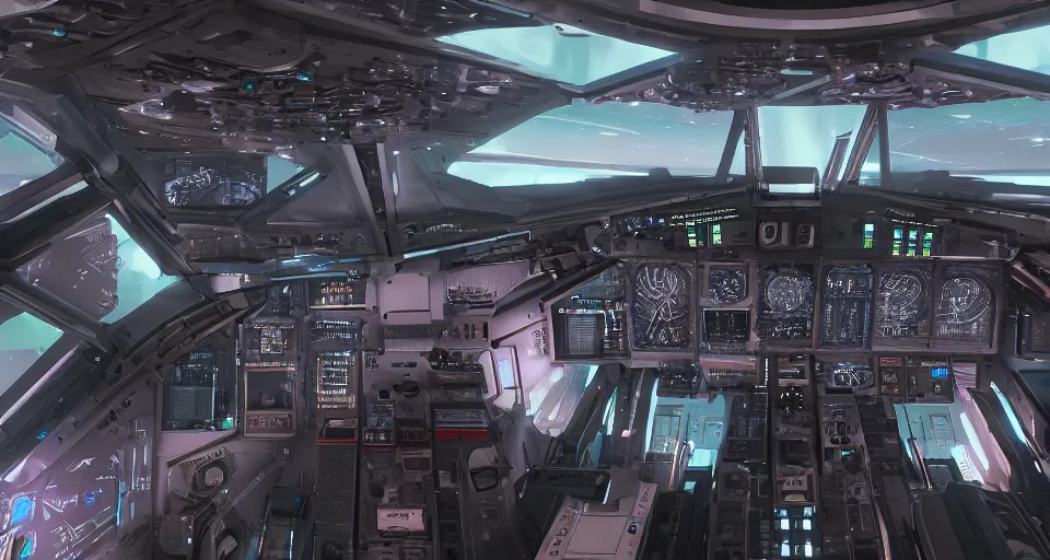 Prompt: view from inside a spaceship starfighter cockpit, star citizen, sci - fi, hard surface design, instrument panels, joystick, buttons, extreme detail, 8 k, 3 d render