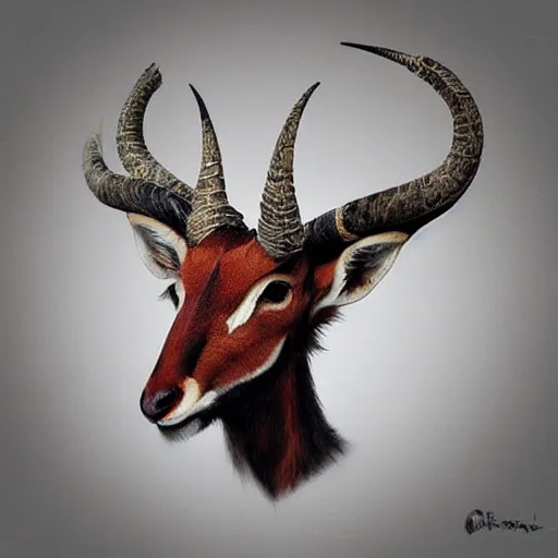 Prompt: “Antelope taxidermy mount that has come to life, happy character, fantastical beast, creature, D&D, fantasy, intricate, cinematic lighting, highly detailed, digital painting, artstation, concept art, smooth, sharp focus, illustration, art by Artgerm and Greg Rutkowski and Alphonse Mucha”