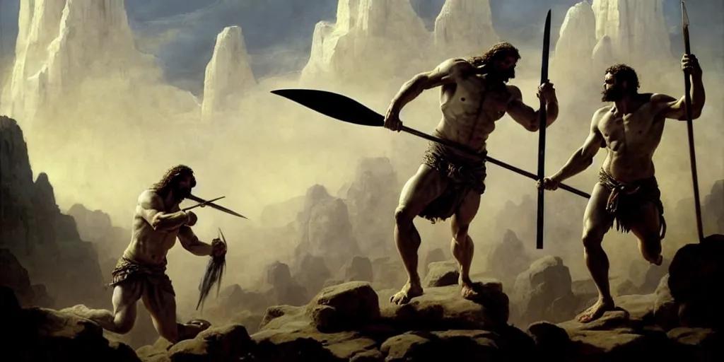 Image similar to realistic painting of biblical Cain with a spear fighting Abel with a scythe, a stone altar with white smoke ascending in the background, masculine and rugged, inspired art by Frazetta + facial symmetry + volumetric lighting, well lit, 8k octane render, intricate, epic composition, sparkling atmosphere, cinematic lighting + masterpiece, trending on artstation, very detailed, masterpiece, stunning