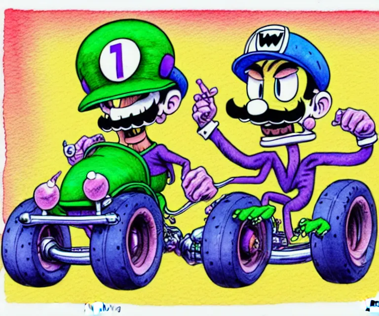 Prompt: cute and funny, waluigi, wearing a helmet, driving a hotrod, oversized enginee, ratfink style by ed roth, centered award winning watercolor pen illustration, isometric illustration by chihiro iwasaki, the artwork of r. crumb and his cheap suit, cult - classic - comic,