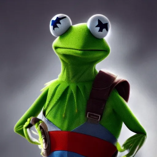 Prompt: Kermit the Frog is dressed up Captain America hyperdetailed, artstation, cgsociety, 8k