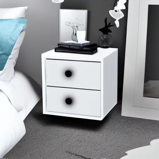 Image similar to white zen clean modern minimalist bedside table, softly lit, cool, clean, bright, spiritual vibes