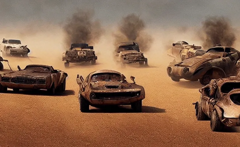 Prompt: mad max cars in a pixar movie with war boys