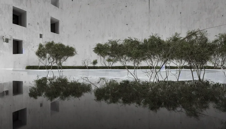 Image similar to symmetrical establishing shot of The unsettling courtyard of a monochrome modernist hotel designed by Luis Barragán, An empty swimming pool in the foreground. Walls are made of delicate lace of white slime mold. Single point perspective photographed by Wes Anderson and Andreas Gursky. Cinematic, dramatic lighting, moody, eerie, illustration, uncanny, creepy Sigma 75mm, very detailed, golden hour, Symmetrical, centered, intricate, Dynamic Range, HDR,