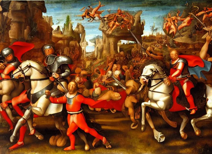 Image similar to a wide shot detailed renaissance painting of a war, knights in red armor riding horses fighting elven warriors riding giant spiders, by raphael, great masterpiece, award winning historic painting, dynamic composition